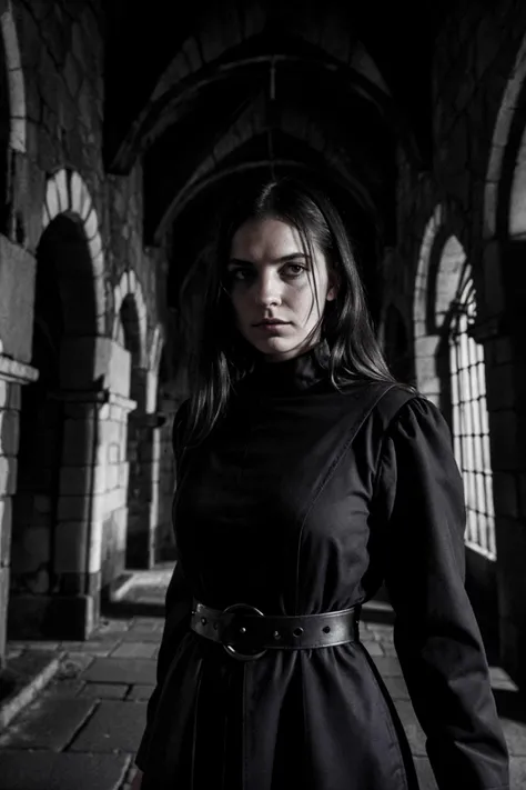 dim light, natural backlighting, in a dark smoky convent room, brutalist, cement, concrete, weird unusual angle full shot of a harness satanist nun, young woman, haunted sinister expression, slightly parting lips