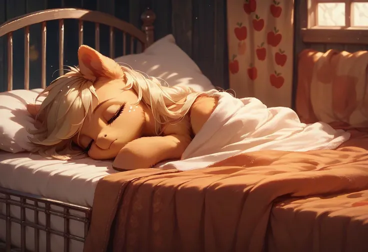 Solo, score_9,score_8_up score_7_up, source_furry, anthro, Applejack, pony, MLP, pony, orange, cowgirl, female, laying on bed, unaware, distracted, looking away, hooves, hoof focus, focus on hooves, pony hooves