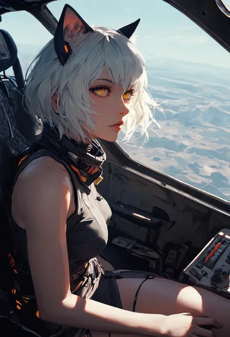 source_anime, score_9, score_8_up, score_7_up, score_6_up,Japanese art style,1girl, solo, catgirl, cat ears, white hair, bangs pinned up, golden eyes, vertical pupils, pale skin, 
pilot, eva,  cockpit, sitting, focus on legs, looking up, screens, leg focus, frontal view, front view, joystick, viewer between legs, nipple, pussy
<lora:g4n1m3XLP:0.3> <lora:comicbookpage style:0.2> <lora:add-detail-xl:0.9>