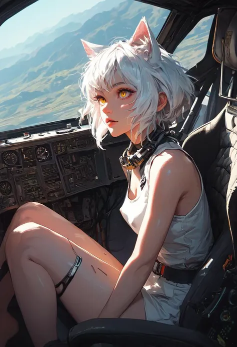 source_anime, score_9, score_8_up, score_7_up, score_6_up,Japanese art style,1girl, solo, catgirl, cat ears, white hair, bangs pinned up, golden eyes, vertical pupils, pale skin, 
pilot, eva,  cockpit, sitting, focus on legs, looking up, screens, leg focus, frontal view, front view, joystick, viewer between legs, nipple, pussy
<lora:g4n1m3XLP:0.3> <lora:comicbookpage style:0.2> <lora:add-detail-xl:0.9>