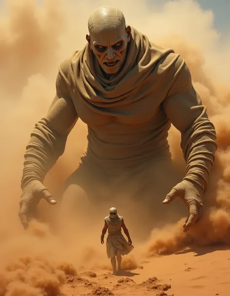 very dark focused flash photo, amazing quality, masterpiece, best quality, hyper detailed, ultra detailed, UHD, perfect anatomy, portrait, dof, hyper-realism, majestic, awesome, inspiring,Capture the thrilling showdown between the ancient mummy and the colossal sand boss in an epic battle amidst swirling dust and desert sands. Embrace the action and chaos as these formidable forces clash in the heart of the dunes. cinematic composition, soft shadows, national geographic style <lora:XL_boss_battle:1> <lora:add-detail-xl:1> <lora:ral-dissolve:1> ral-dissolve
