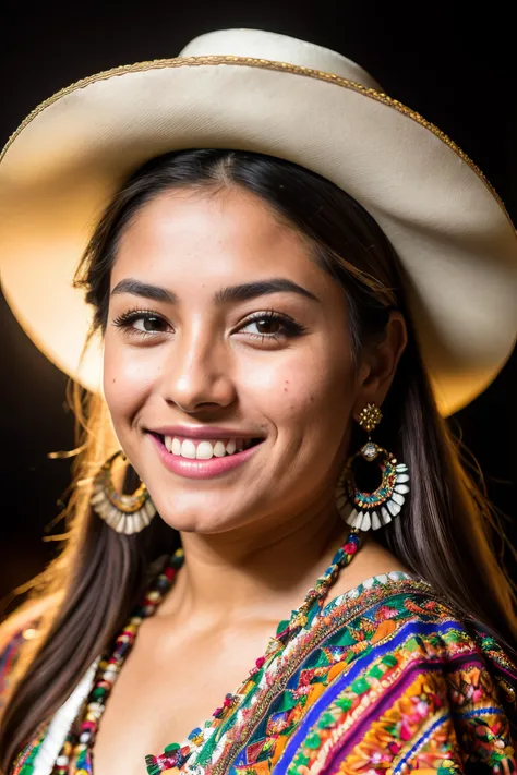 a photo portrait of a beautiful Mexican girl wearing traditional clothes, (smile, happy), (face portrait:1.5), dramatic light , Rembrandt lighting scheme, (hyperrealism:1.2), (8K UHD:1.2), (photorealistic:1.2), shot with Canon EOS 5D Mark IV, detailed face, detailed hair