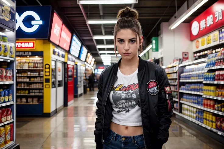 candid photography photo of a 23 year old european woman, upper body, undercut hairstyle, fit body, punk shirt, jeans, bomber jacket, inside convenience store, under bounced light, on a Fujifilm X-T4