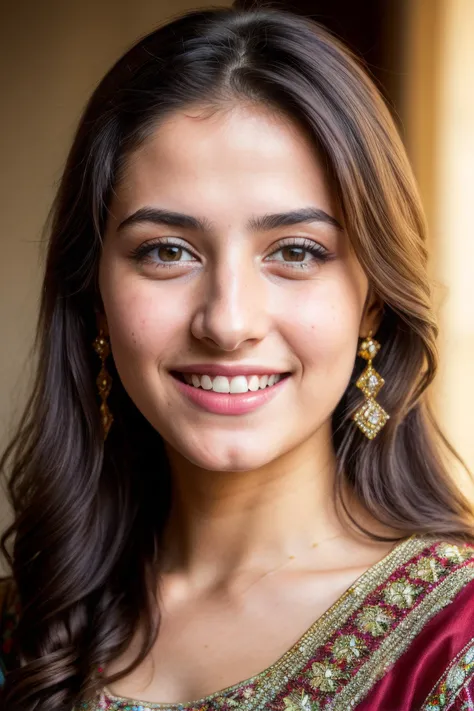 a photo portrait of a beautiful Syrian girl wearing traditional clothes, (smile, happy), (face portrait:1.5), dramatic light , Rembrandt lighting scheme, (hyperrealism:1.2), (8K UHD:1.2), (photorealistic:1.2), shot with Canon EOS 5D Mark IV, detailed face, detailed hair