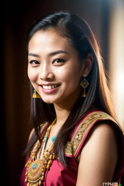 a photo portrait of a beautiful Malaysian girl wearing traditional clothes, (smile, happy), (face portrait:1.5), dramatic light , Rembrandt lighting scheme, (hyperrealism:1.2), (8K UHD:1.2), (photorealistic:1.2), shot with Canon EOS 5D Mark IV, detailed face, detailed hair