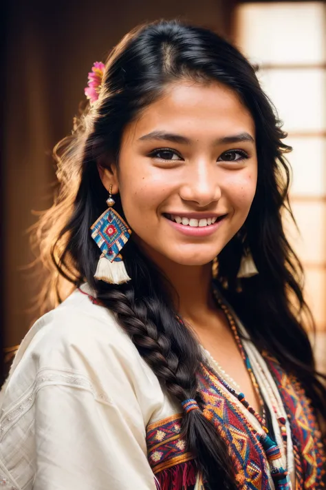 a photo portrait of a beautiful Cherokee girl wearing traditional clothes, (smile, happy), (face portrait:1.5), dramatic light , Rembrandt lighting scheme, (hyperrealism:1.2), (8K UHD:1.2), (photorealistic:1.2), shot with Canon EOS 5D Mark IV, detailed face, detailed hair