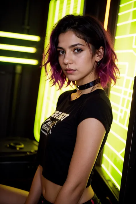 (analog photo:1.1), (a punk girl:1.15), short curly green hair, (black t-shirt:1.15), (20 years old, young:1.2), petite, choker, cream eyeliner, european, cozy bedroom, (neon glow, cyberpunk:1.2), waves, warm colors, (inviting expression:1.05), shallow depth of field, vignette, highly detailed, high budget Hollywood film, bokeh, cinemascope, moody, epic, gorgeous, film grain