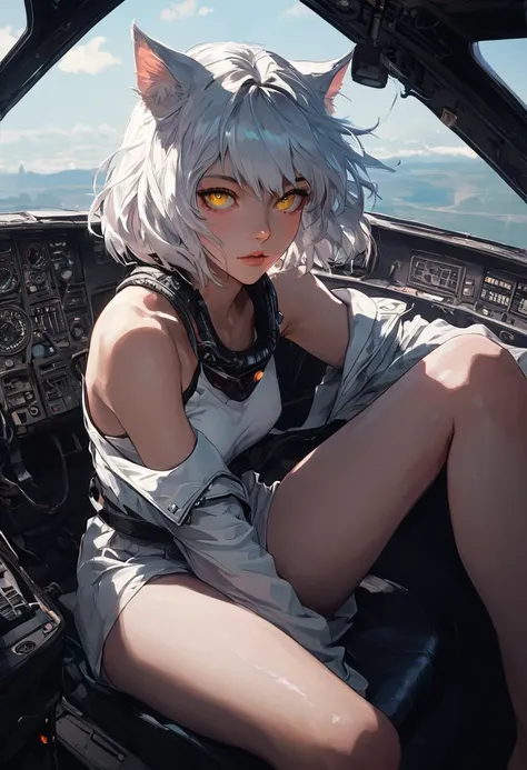 source_anime, score_9, score_8_up, score_7_up, score_6_up,Japanese art style,1girl, solo, catgirl, cat ears, white hair, bangs pinned up, golden eyes, vertical pupils, pale skin, 
pilot, eva,  cockpit, sitting, focus on legs, looking up, screens, leg focus, frontal view, front view, joystick, viewer between legs, nipple, pussy
<lora:g4n1m3XLP:0.3> <lora:comicbookpage style:0.2> <lora:add-detail-xl:0.9>