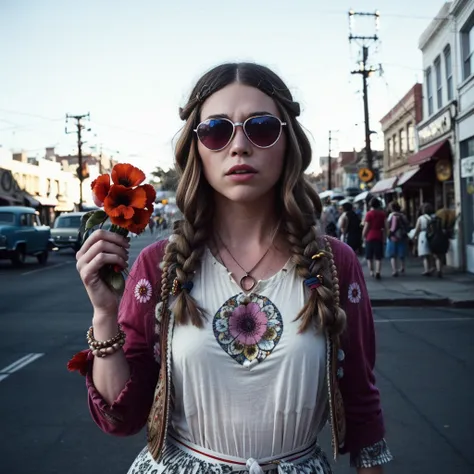 (raw, analog) (plump hippie holding poppy flower), 1960s hippie attire, set in the 1960's, surreal make up, heart sunglasses, in front of vintage store, high details, ultra realistic, SonyA7III, cinematic lighting, film, grain, UHD faces, volumetric shadow,  insanely detailed,