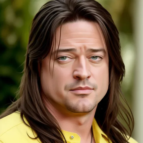 Brendan Fraser trying to hear with his hands, hyper-realistic style photo real, long hair