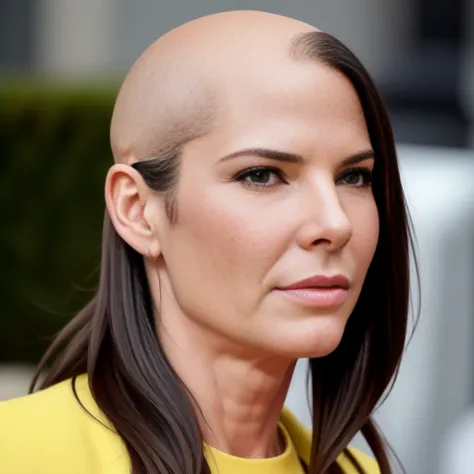 Sandra Bullock trying to hear with his hands, hyper-realistic style photo real, ((Bald woman))