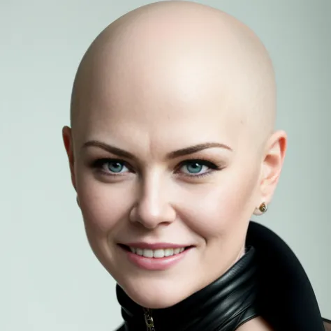 Nicole Kidman smiling, hyper-realistic style photo real, ((Bald woman))