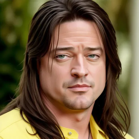 Brendan Fraser trying to hear with his hands, hyper-realistic style photo real, long hair