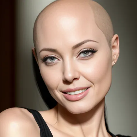 Angelina Jolie smiling, hyper-realistic style photo real, ((Bald woman))