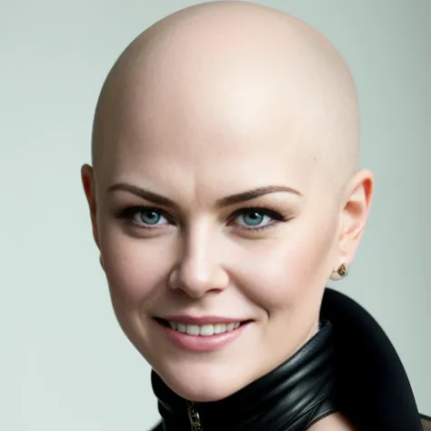 Nicole Kidman smiling, hyper-realistic style photo real, ((Bald woman))