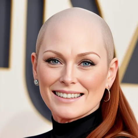 Julianne Moore smiling, hyper-realistic style photo real, ((Bald woman))
