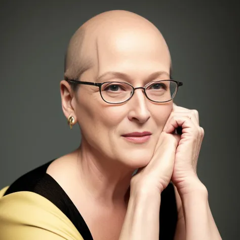 Meryl Streep trying to hear with his hands, hyper-realistic style photo real, ((Bald woman))