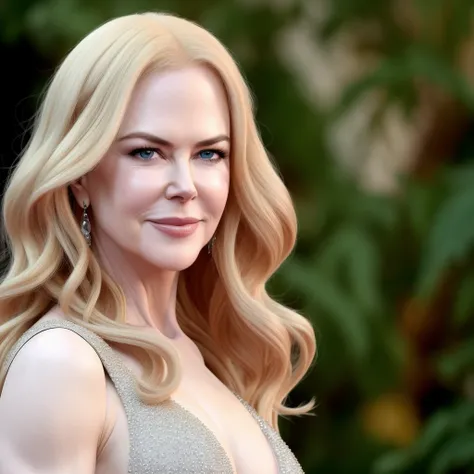 Nicole Kidman trying to hear with his hands, hyper-realistic style photo real, long hair huge breast