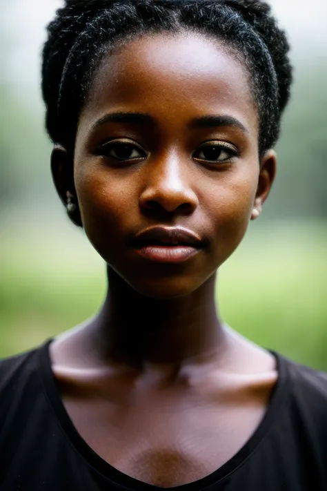 RAW photo, a close up portrait photo, 1girl, (((black african ebony))), standing, pale skin, innocent smile, (detailed skin), moist, intricate details, shallow depth of field, [volumetric fog], cinematic lighting, reflections, photographed on a Canon EOS R5, wide lens, F/2.8, HDR, 8k resolution, t-shirt, smiling