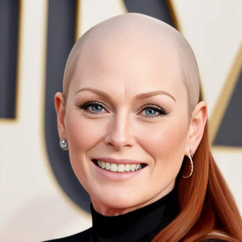 Julianne Moore smiling, hyper-realistic style photo real, ((Bald woman))