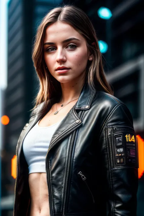 masterpiece,ultra high res, (photorealistic:1.4), raw photo, casual portrait of (21 year-old girl:1.3) ,(andear:0.99),  leather jacket, Compact body,((cyberpunk,scifi)),refined detailed  <lora:add_detail:1>