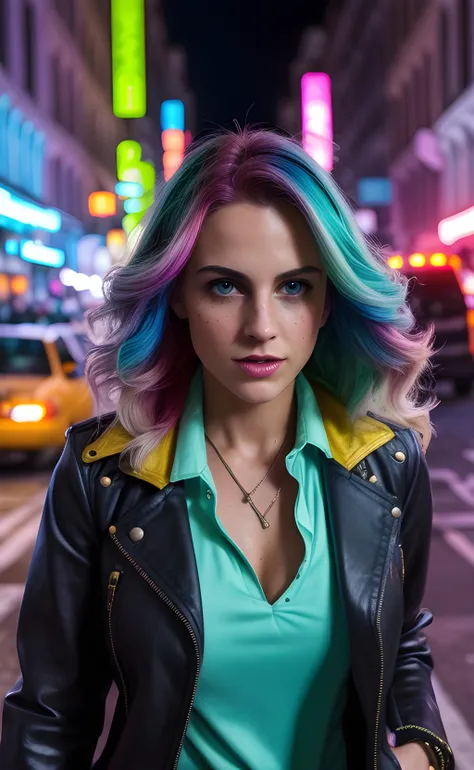A tenacious female journalist uncovering a high-stakes conspiracy in a bustling metropolis, weaving through crowded streets and dark alleyways, close up, Detailed clothes, green eyes, flowing hair, determined expression, shiny glossy skin, subsurface scattering, (sharp:0.7), [(colorful explosion psychedelic paint colors:1.21)::0.05], amazing fine detail, Nikon D850 film stock photograph Kodak Portra 400 camera f1.6 lens, rich colors, lifelike texture, dramatic lighting, urban environment, skyscrapers, neon signs, street vendors, dynamic composition, unreal engine, trending on ArtStation, cinestill 800 tungsten