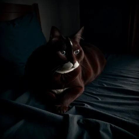 detailed photo of a chocolate color fat cat on blue bed sheets, <lora:nLoRA:0.65>, dark theme, <lora:add_detail:0.15>, sharp focus, cute, low key, deep shadows, warm lit, obese cat, fat muzzle, chocolate cat, chocolate hair, brown cat,