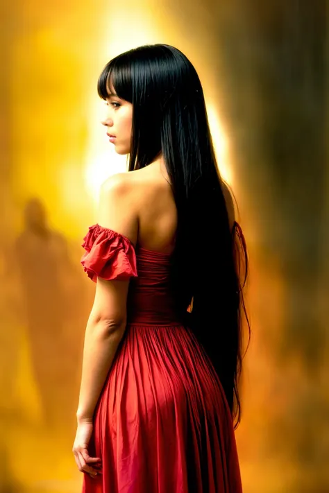 1 lady , solo, realistic face, sunset, beautiful, off shoulder dress, long straight hair
(shy, looking away, blush), bangs, head tilt,
high contrast, sharp, best shadow,, fiction, fantasy,(battle stance, ), dark cave, dim light, multicolor magical energy fields, statues
fantasy, medieval,
photo, masterpiece, best quality, ultra high res, (photorealistic:1.4),, high resolution, detailed, raw photo kodak portra 400 camera f1.6 lens rich colors dramatic lighting <lora:add_detail:1>