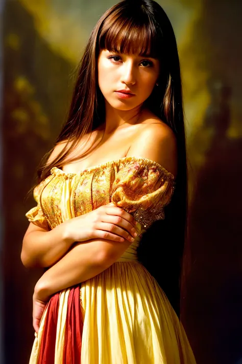 1 lady , solo, realistic face, sunset, beautiful, off shoulder dress, long straight hair
(shy, looking away, blush), bangs, head tilt,
high contrast, sharp, best shadow,, fiction, fantasy,(battle stance, ), dark cave, dim light, multicolor magical energy fields, statues
fantasy, medieval,
photo, masterpiece, best quality, ultra high res, (photorealistic:1.4),, high resolution, detailed, raw photo kodak portra 400 camera f1.6 lens rich colors dramatic lighting <lora:add_detail:1>