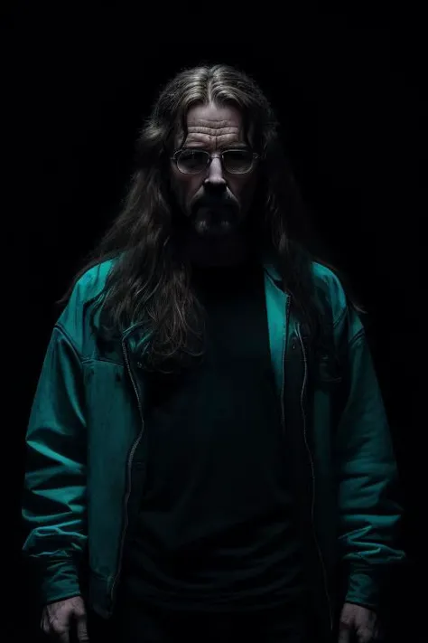 portrait of "Walter White" with blood in the clothes, long hair like a rock star, posing in a dark studio, (rim lighting,:1.4) two tone lighting, red light, sharp focus, teal hue, octane, unreal, dimly lit, low key, <lora:epi_noiseoffset2:1.2>