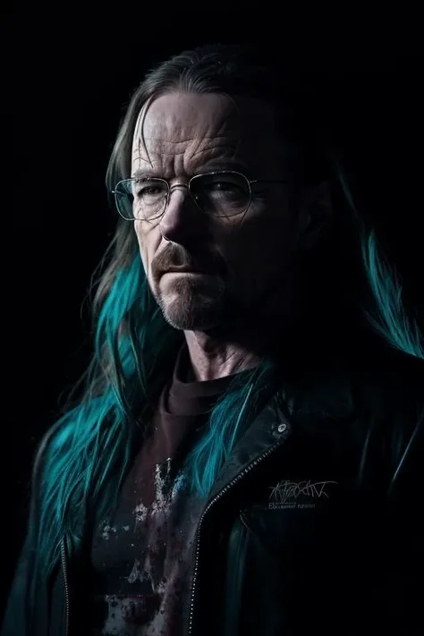 portrait of "Walter White" with blood in the clothes, long hair like a rock star, posing in a dark studio, (rim lighting,:1.4) two tone lighting, red light, sharp focus, teal hue, octane, unreal, dimly lit, low key, <lora:epi_noiseoffset2:1.2>