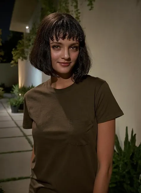portrait photo of cute young woman M14W4114CE <lora:M14W4114CE:0.7>, short hair, standing, at sidewalk with plants, makeup washed off, big dreamlike eyes, sad smirk, skinny, wearing brown t-shirt, detailed face, at night, 8k uhd, dslr, soft lighting, high quality, film grain, Fujifilm XT3