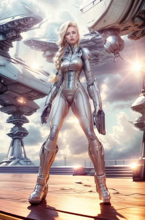 highly detailed RAW Instagram (elegant standing:1.5) (full body shot:1.6) (wide shot:1.7) photo of beautiful (muscular:1.8) woman (korean:1.8) (pale skin:1.5) left hand (holding weapon:1.5) , background is (science fiction:1.5) (commanding deck:1.8) (spacecraft:1.8), (cloudy sky:1.5) (wind:1.5), (highly detailed long beautiful hair:1.8), (platinum blonde hair:1.5) (single braid:1.5), (highly detailed face:1.5), (skin pores, skin imperfections:1.2), (beautiful moles, freckles:0.8), (looking at viewer:1.5), highly detailed body, highly detailed face, (realistic sun lighting:1.1), 8k high definition, insanely detailed, intricate, (masterpiece:1.2), (photorealistic:1.2), highest quality, (long hair:1.5), bodysuit, science fiction, full body, intimidating , ray tracing, best quality, masterpiece, highres, original, extremely detailed 8K wallpaper, an extremely delicate and beautiful,realistic,photograph,incredibly_absurdres,colorful,Depth of field ,realistic, cinematic lighting, intricate detail, lighting, Photo taken with Canon EOS 5D Mark4 and SIGMA Art Lens 35mm F1.4 DG HSM, F1.4, ISO 400 Shutter Sp st quality, ultra realistic, 8k, golden ratio, Intricate, High Detail, film photography, soft focus, detailed skin texture, (blush:0.5), (goosebumps:0.5), subsurface scattering, <lora:add_detail:0.4>, <lora:epiNoiseoffset_v2:0.2>, <lora:nijiMecha:0.1>