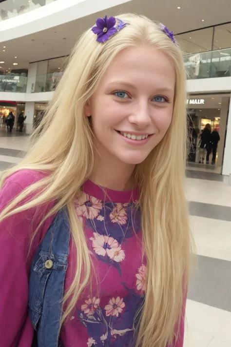 Norwegian amateur girlfriend, blonde hair, blue eyes, grinning, at the mall, wearing 1990s \(style\) flower_child clothes,