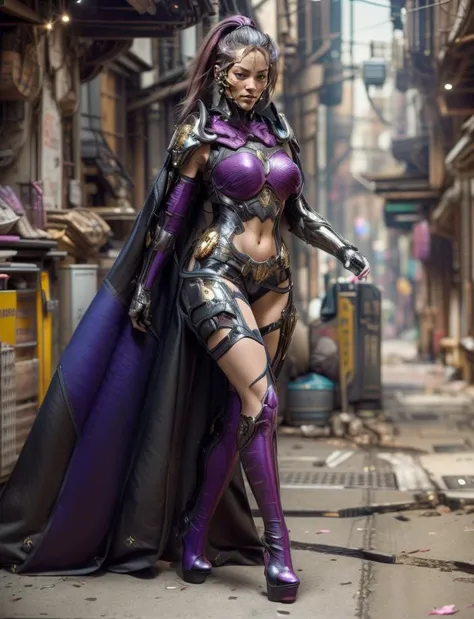 highly detailed RAW Instagram (elegant walking:1.5) (full body shot:1.6) (wide shot:1.7) photo of beautiful (muscular:1.8) woman wearing (shoulder armor:1.5) (elbow gloves:1.5) (fingerless gloves:1.5) (thigh holster:1.5) (armored boots:1.5) (cape:1.6) , background is (cyberpunk:1.8) (city:1.5), (wind:1.7), (highly detailed long beautiful hair:1.8), (black hair:1.5), (high ponytail:1.5), (highly detailed face:1.5), (skin pores, skin imperfections:1.2), (beautiful moles, freckles:0.8),(looking at viewer:1.5), highly detailed body, highly detailed face, (realistic sun lighting:1.1), 8k high definition, insanely detailed, intricate, (masterpiece:1.2), (photorealistic:1.2), highest quality, (long hair:1.5), armor, bodysuit, science fiction, full body, intimidating , ray tracing, best quality, masterpiece, highres, original, extremely detailed 8K wallpaper, an extremely delicate and beautiful,realistic,photograph,incredibly_absurdres,colorful,Depth of field ,realistic, cinematic lighting, intricate detail, lighting, Photo taken with Canon EOS 5D Mark4 and SIGMA Art Lens 35mm F1.4 DG HSM, F1.4, ISO 400 Shutter Speed 2000,((Photo style:Ninagawa Mika:1.5 )), Canon EF 24-70mm f/2.8L II USM lens on a Canon EOS 5D Mark IV camera, Photorealistic, Hyperrealistic, Hyperdetailed, analog style, hip cocked, demure, low cut, black lace, detailed skin, matte skin, soft lighting, subsurface scattering, realistic, heavy shadow, masterpiece, best quality, ultra realistic, 8k, golden ratio, Intricate, High Detail, film photography, soft focus, detailed skin texture, (blush:0.5), (goosebumps:0.5), subsurface scattering, <lora:add_detail:0.4>, <lora:epiNoiseoffset_v2:0.2>, <lora:nijiMecha:0.2>