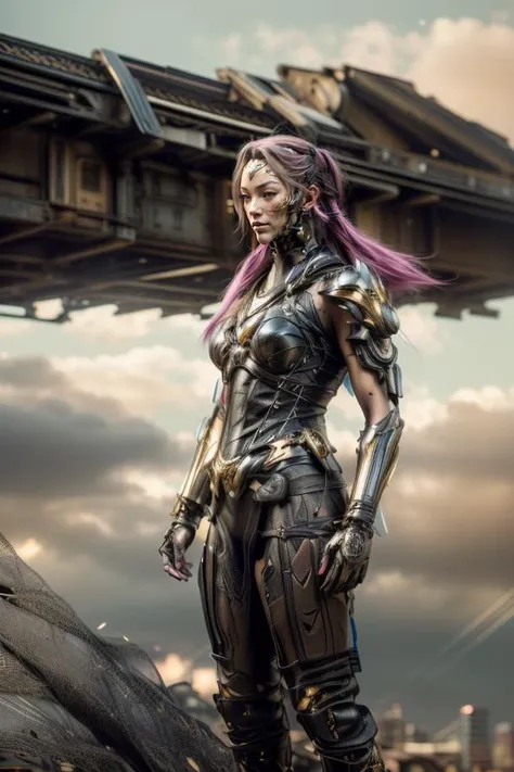 highly detailed RAW Instagram (elegant standing:1.5) (full body shot:1.6) (wide shot:1.7) photo of beautiful (muscular:1.8) woman wearing (shoulder armor:1.5) (elbow gloves:1.5) (fingerless gloves:1.5) (thigh holster:1.5) (armored boots:1.5) (armored:1.5) (black legwear:1.5), background is (cyberpunk:1.8) (city:1.5), (wind:1.7), (highly detailed long beautiful hair:1.8), (black hair:1.5), (high ponytail:1.5), (highly detailed face:1.5), (skin pores, skin imperfections:1.2), (beautiful moles, freckles:0.8),(looking at viewer:1.5), highly detailed body, highly detailed face, (realistic sun lighting:1.1), 8k high definition, insanely detailed, intricate, (masterpiece:1.2), (photorealistic:1.2), highest quality, (long hair:1.5), armor, bodysuit, science fiction, full body, intimidating , ray tracing, best quality, masterpiece, highres, original, extremely detailed 8K wallpaper, an extremely delicate and beautiful,realistic,photograph,incredibly_absurdres,colorful,Depth of field ,realistic, cinematic lighting, intricate detail, lighting, Photo taken with Canon EOS 5D Mark4 and SIGMA Art Lens 35mm F1.4 DG HSM, F1.4, ISO 400 Shutter Speed 2000,((Photo style:Ninagawa Mika:1.5 )), Canon EF 24-70mm f/2.8L II USM lens on a Canon EOS 5D Mark IV camera, Photorealistic, Hyperrealistic, Hyperdetailed, analog style, hip cocked, demure, low cut, black lace, detailed skin, matte skin, soft lighting, subsurface scattering, realistic, heavy shadow, masterpiece, best quality, ultra realistic, 8k, golden ratio, Intricate, High Detail, film photography, soft focus, detailed skin texture, (blush:0.5), (goosebumps:0.5), subsurface scattering, <lora:add_detail:0.4>, <lora:epiNoiseoffset_v2:0.2>, <lora:nijiMecha:0.5>