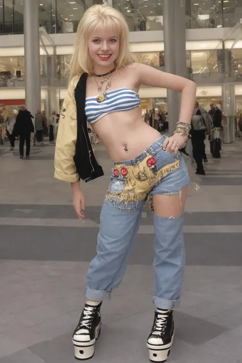 Norwegian amateur girlfriend, blonde hair, blue eyes, grinning, at the mall, 1990s \(style\) punk clothes and platform shoes, sideboob,