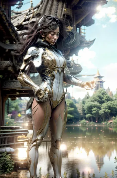 highly detailed RAW Instagram (elegant standing:1.5) (full body shot:1.6) (wide shot:1.7) photo of beautiful (muscular:1.8) woman (chinese:1.0) wearing (open jacket:1.5) (holding weapon:1.5) on right hand , background is (village:1.8) (lake:1.7) (tree:1.5) (plant:1.5) (sky:1.5) (rock:1.5) (temple:1.5), (wind:1.7), (highly detailed long beautiful hair:1.8), (black hair:1.5), (highly detailed face:1.5), (skin pores, skin imperfections:1.2), (beautiful moles, freckles:0.8),(looking at viewer:1.5), highly detailed body, highly detailed face, (realistic sun lighting:1.1), 8k high definition, insanely detailed, intricate, (masterpiece:1.2), (photorealistic:1.2), highest quality, (long hair:1.5), armor, bodysuit, science fiction, full body, intimidating , ray tracing, best quality, masterpiece, highres, original, extremely detailed 8K wallpaper, an extremely delicate and beautiful,realistic,photograph,incredibly_absurdres,colorful,Depth of field ,realistic, cinematic lighting, intricate detail, lighting, Photo taken with Canon EOS 5D Mark4 and SIGMA Art Lens 35mm F1.4 DG HSM, F1.4, ISO 400 Shutter Speed 2000,((Photo style:Ninagawa Mika:1.5 )), Canon EF 24-70mm f/2.8L II USM lens on a Canon EOS 5D Mark IV camera, Photorealistic, Hyperrealistic, Hyperdetailed, analog style, hip cocked, demure, low cut, black lace, detailed skin, matte skin, soft lighting, subsurface scattering, realistic, heavy shadow, masterpiece, best quality, ultra realistic, 8k, golden ratio, Intricate, High Detail, film photography, soft focus, detailed skin texture, (blush:0.5), (goosebumps:0.5), subsurface scattering, <lora:add_detail:0.4>, <lora:epiNoiseoffset_v2:0.2>, <lora:nijiMecha:0.8>