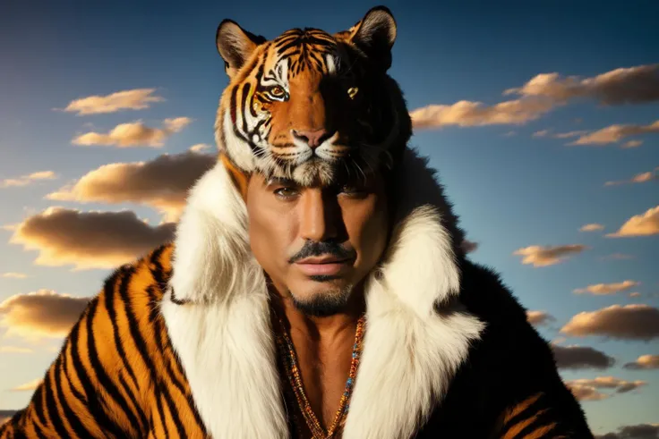 portrait of sks man (comadante:1) dressed in a tiger costume, high detailed face, 8k, cinematic photo, ultradetailed, 8k, <lora:comandante:1>