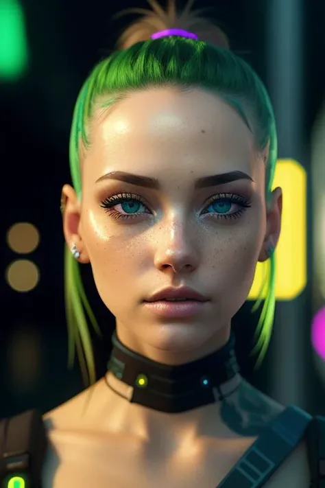 pretty female portrait, cyberpunk,  <lora:CyberPunk4:0.5>, (freckles:0.8), (lips parted), realistic green eyes, POV, realistic[:, (film grain, 25mm, f/1.2, dof, bokeh, beautiful symmetrical face, perfect sparkling eyes, well defined pupils, high contrast eyes, ultra detailed skin, skin pores, vellus hair, fabric stitching, fabric texture, finely detailed features:1):0.9]