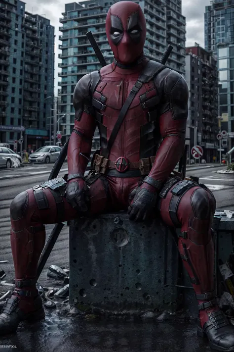 masterpiece, best quality, ultra high res, photorealistic, Deadpool, sitting on a chair, streets, destruction, ruins, dark theme, outdoor, city explosion, bomb, (fire), smoke, <lora:LowRA:0.75>, <lora:Deadpool:0.8>