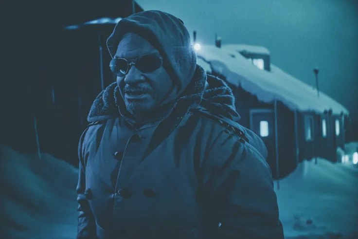 kd1 with winter clothing is walking outside in a blizzard snowstorm during the dark night with an isolated building with blue light in the background, holding flare, cinematic, tense, horror, <lora:the_thing_movie-14:1><lora:keithdavid-10:1>