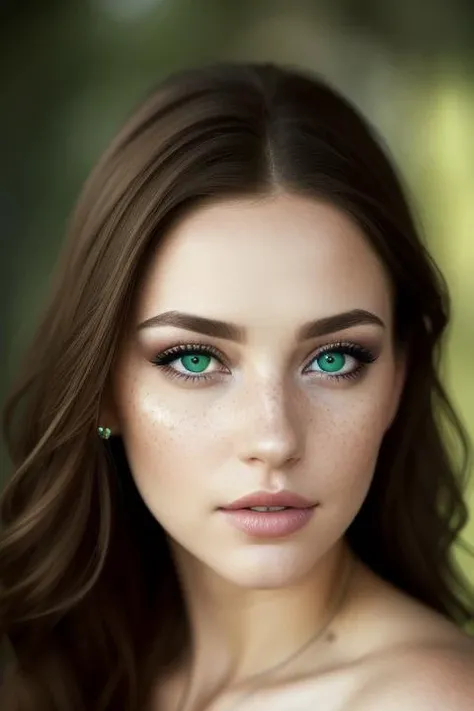 pretty female portrait, (freckles:0.8), (lips parted), realistic green eyes, POV, realistic[:, (film grain, 25mm, f/1.2, dof, bokeh, beautiful symmetrical face, perfect sparkling eyes, well defined pupils, high contrast eyes, ultra detailed skin, skin pores, vellus hair, fabric stitching, fabric texture, finely detailed features:1):0.9]