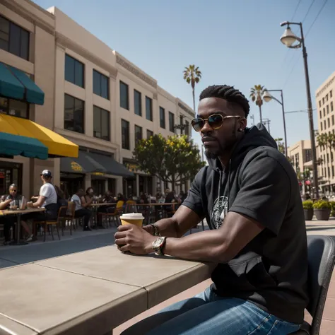 epic angle, close up, photorealistic, <lora:Laedar-10:0.8> 1man, Laedar, black_skin, civilian, wearing urban street clothes, sunglasses, sitting at downtown cafe in Los Angeles