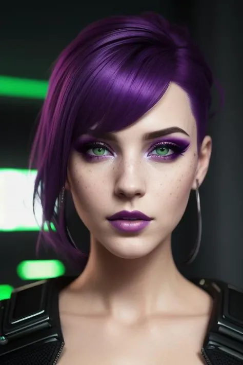 pretty female portrait, cyberpunk,  purple hair, (freckles:0.8), (lips parted), realistic green eyes, POV, realistic[:, (film grain, 25mm, f/1.2, dof, bokeh, beautiful symmetrical face, perfect sparkling eyes, well defined pupils, high contrast eyes, ultra detailed skin, skin pores, vellus hair, fabric stitching, fabric texture, finely detailed features:1):0.9]