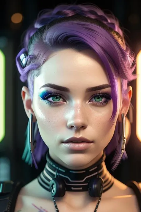 pretty female portrait, cyberpunk,  purple hair, <lora:CyberPunk4:0.5>, (freckles:0.8), (lips parted), realistic green eyes, POV, realistic[:, (film grain, 25mm, f/1.2, dof, bokeh, beautiful symmetrical face, perfect sparkling eyes, well defined pupils, high contrast eyes, ultra detailed skin, skin pores, vellus hair, fabric stitching, fabric texture, finely detailed features:1):0.9]