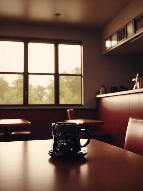 A photo of a Darth Vader sitting in a busy old diner, coffee cup in front of him, photorealistic, cinematic lighting, dark atmosphere, volumetric lighting, action pose, epic scene, lots of fine detail, movie style, photography, natural textures, natural light, natural blur, photorealism, cinematic rendering, ray tracing, highest quality, highest detail, Cinematic, Blur Effect, Long Exposure, 8K, Ultra-HD, Natural Lighting, Moody Lighting, Cinematic Lighting, hyper-realistic, vibrant, 8k, detailed, ultra detail, soothing tones, muted colors