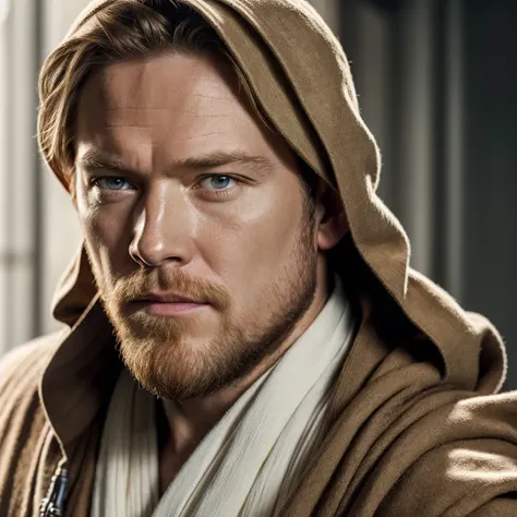 Middle-aged Evan McGregor as Obi-Wan Kenobi, (photorealistic:1.4), realistic, highly detailed face, portrait photograph, professional photograph, high quality lighting, (highly detailed:1.2)