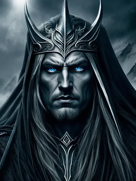 Hyper-realistic image: Morgoth from LOTR with elven allure. Dark, imposing figure adorned in majestic elven attire, pointed ears, captivating eyes - blend his iconic traits with elven grace.