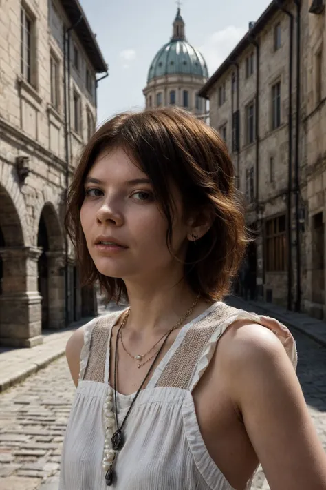 Renzi <lora:Renzi_v1.0:0.8> <lora:add_detail:0.8> epic character composition, by ilya kuvshinov, alessio albi, nina masic, sharp focus, natural lighting, subsurface scattering, f2, 35mm, film grain,matte skin, pores, colors, hyperdetailed, hyperrealistic, confident, certain, poise, conviction, faith, boldness, looking at camera, perfect face, perfect eyes, looking at viewer, A loose-fitting top paired with wide-legged culottes in a tropical print. The ensemble provides coverage while keeping a trendy, modest silhouette with a (modest neckline and short sleeves:1), layered pearl jewelry., huge necklaces, (multiple necklaces:1.1), (undershirt:1.4), her close-up, (zoom:1.3), (upper body shot:1.4), (french braided hair:1.1), In the historic charm of a European cobblestone square, the photographer crafts an upper body portrait, skillfully framing the model against the backdrop of centuries-old architecture, bustling markets, and the distant echoes of church bells. The expressive gaze resonates with the timeless energy of the urban environment, turning it into a captivating stage for her allure. Dramatic folds and rich tonal contrasts unfold against the canvas of worn textures, accentuating the model s natural contours. The play of sunlight, filtering through ancient alleyways and casting shadows on the uneven stones, imparts a warm radiance to the scene. Subtle textures and classic elegance intertwine, creating a visual tapestry that seamlessly blends the model s modern style with the historic charm of the European square. In the bustling simplicity of this urban setting, the photographer transforms light into an art form. The model seamlessly integrates into the city s rhythm, each fold and highlight contributing to a composition that captures not only the visual but also the tactile essence of the moment.